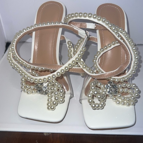 Yolkomo Women's Square Toe Heels Sexy Rhinestone Bow, Pearl Size 8.5… - Picture 1 of 6